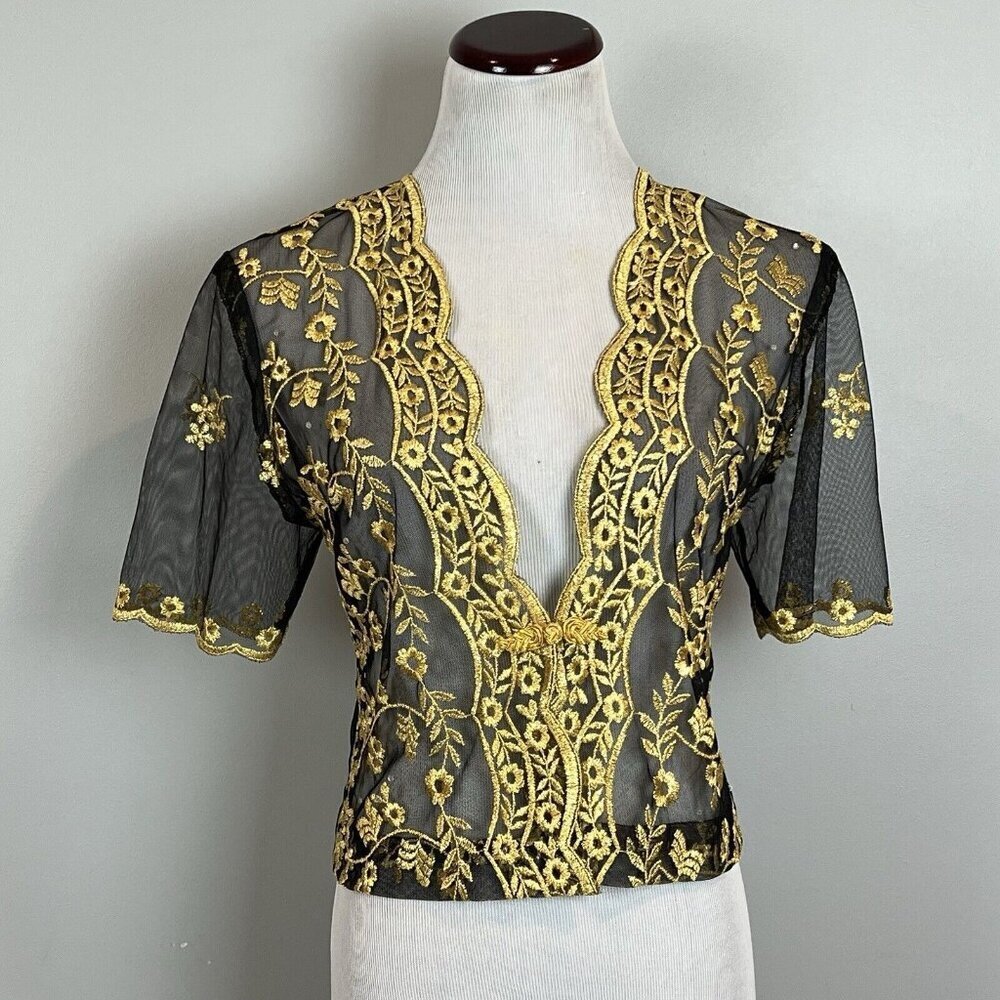 Black and Gold Bolero Pankou Frog Button Sheer Mesh Size Small Short Sleeve